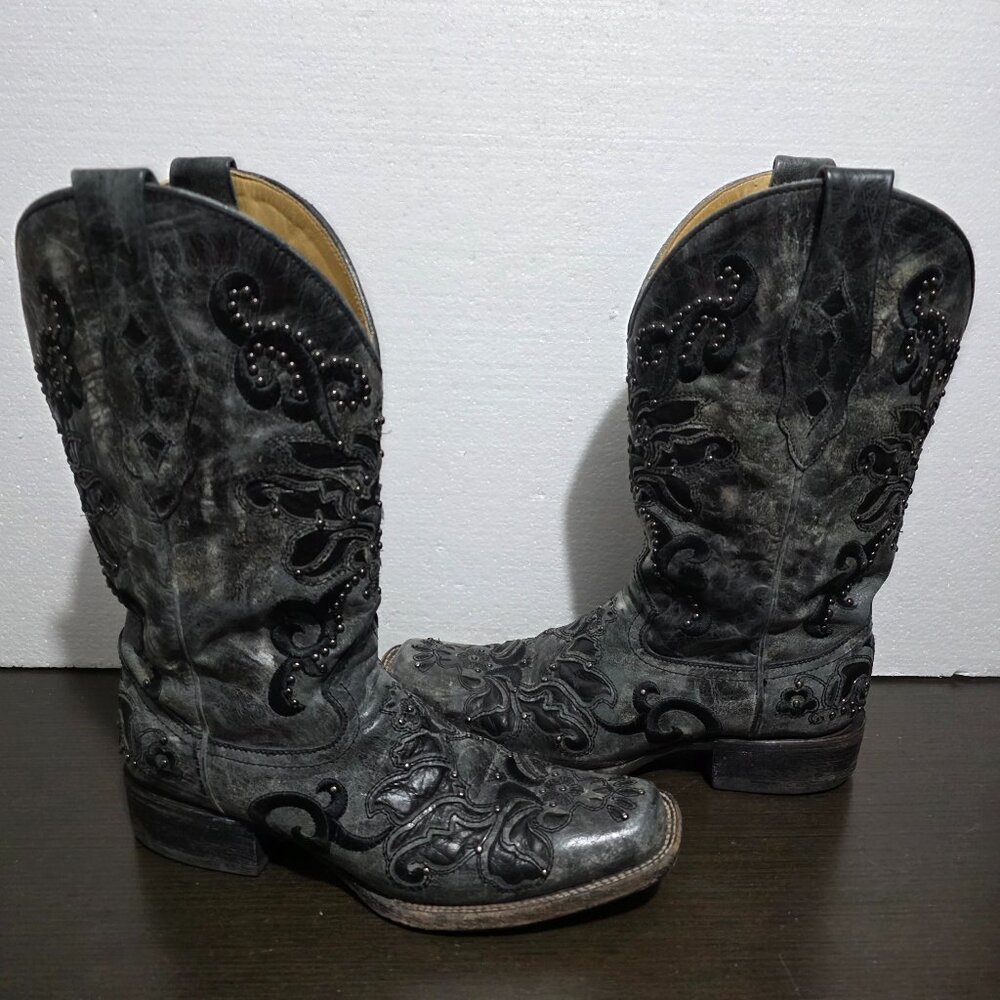 Corral 1130 Gray Leather Inlay Studs Embroidered Cowgirl Western Women Boots 10M